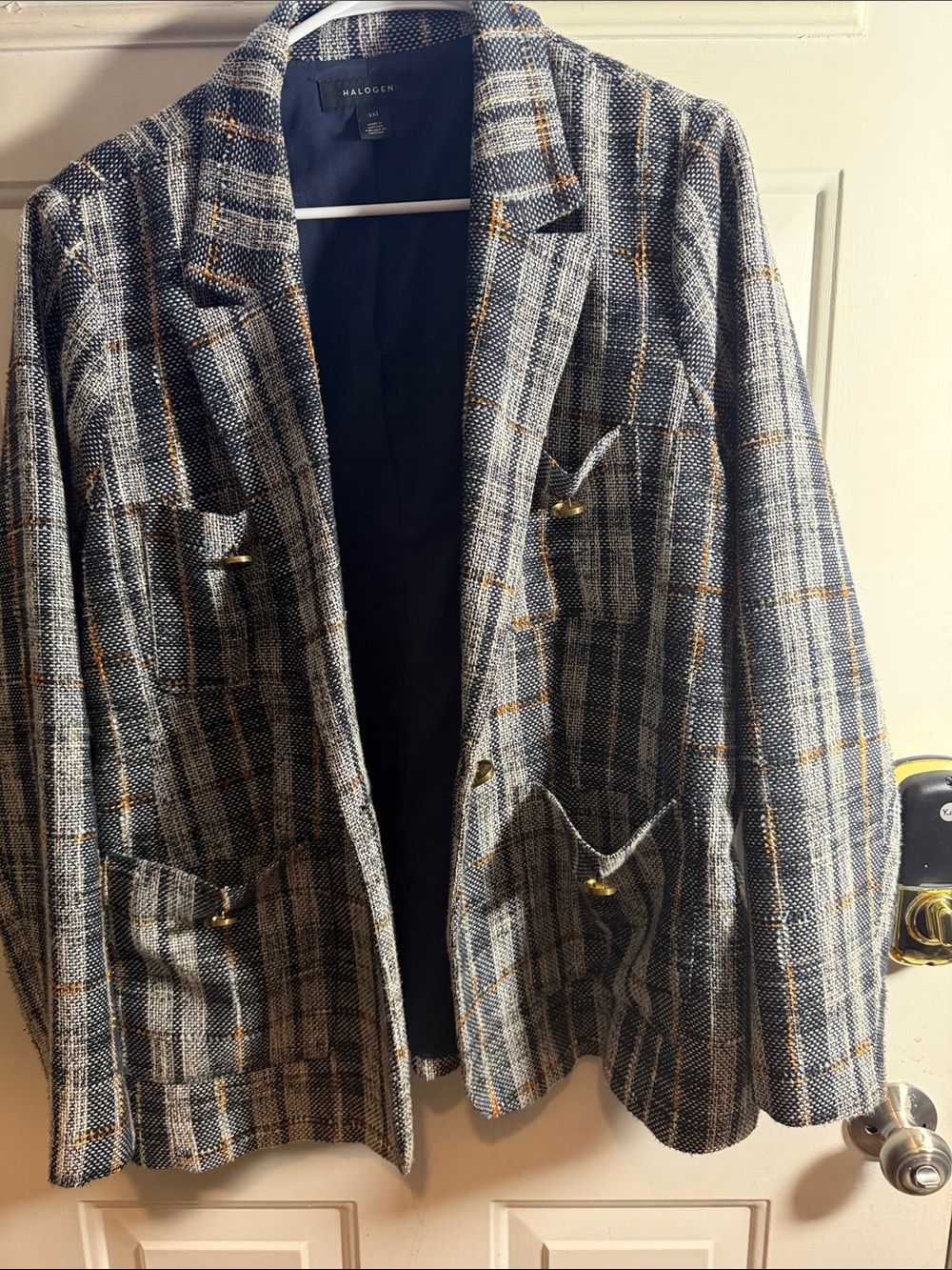 Halogen Gray and Blue Plaid Tweed Jacket with Tan Accents